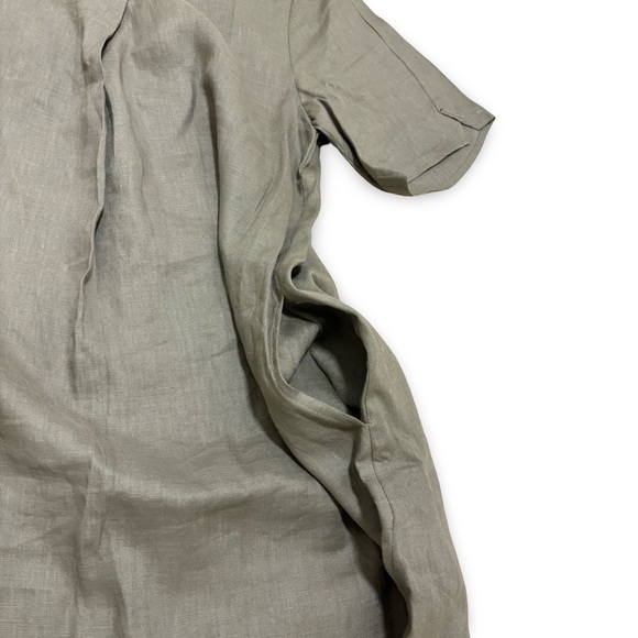 100% Linen Olive Green Taupe Midi Cap Sleeve Dress With Pockets Size M - Picture 4 of 6